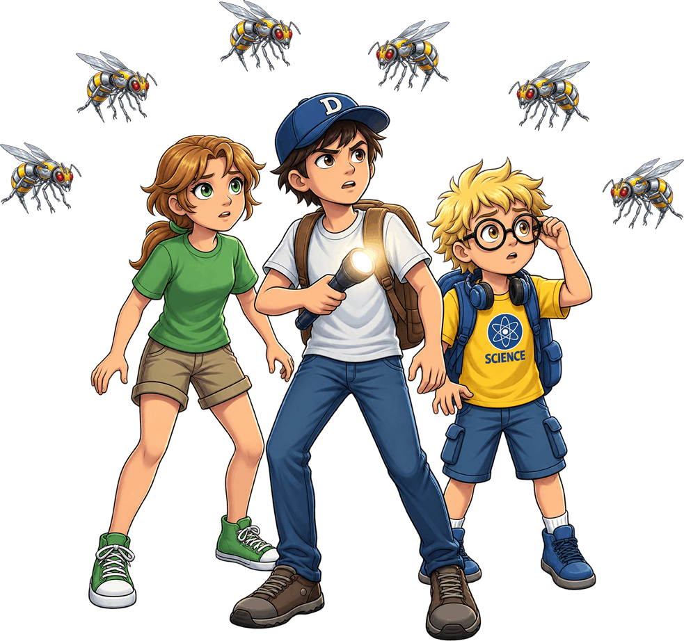 The three young detectives surrounded by bees